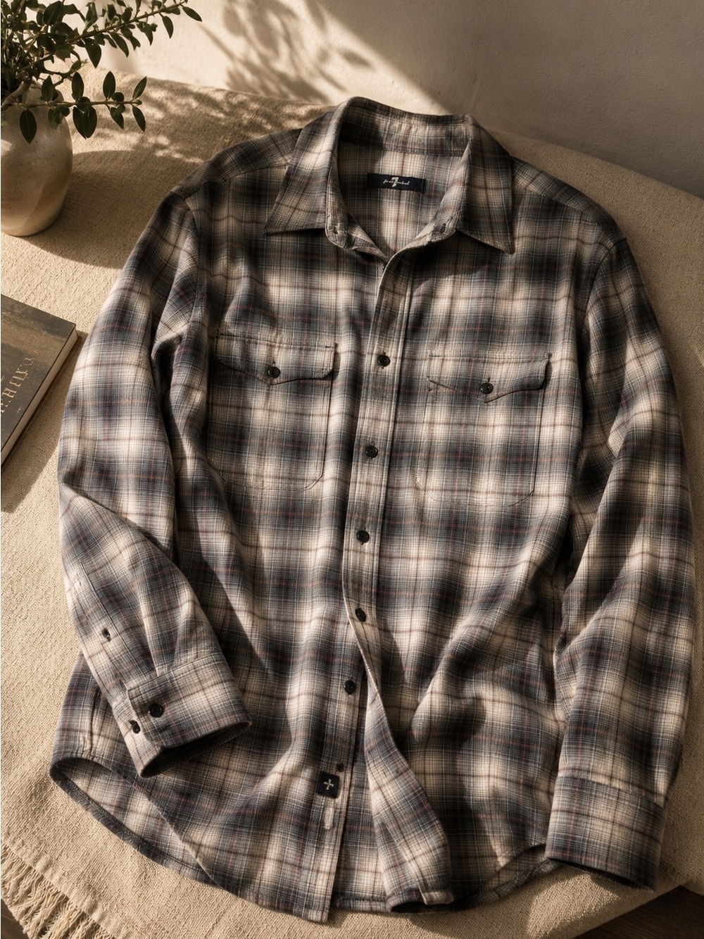 7 For All Mankind Men's Black and White Plaid Shirt